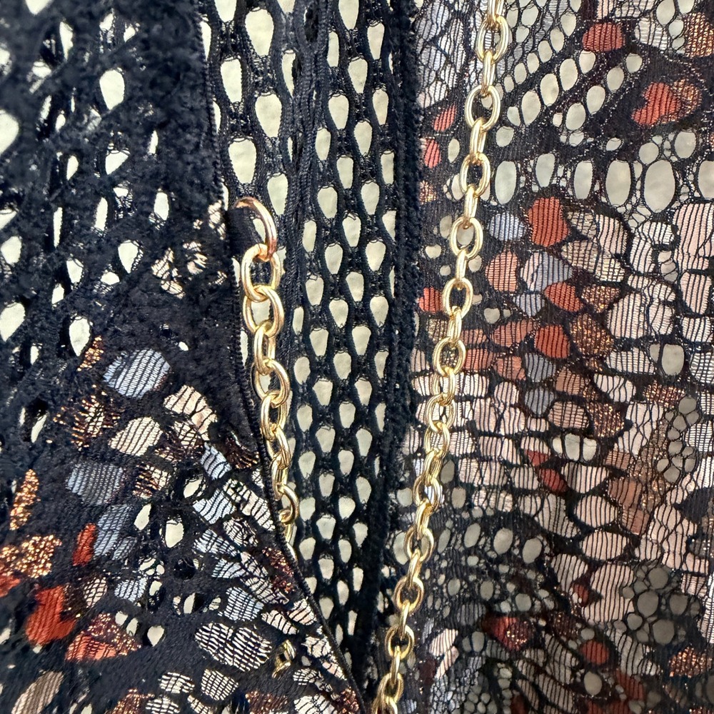 Savage X Fenty Womens Medium Black Lace Fishnet Catsuit Gold Chain Jumpsuit- M - Picture 11 of 16